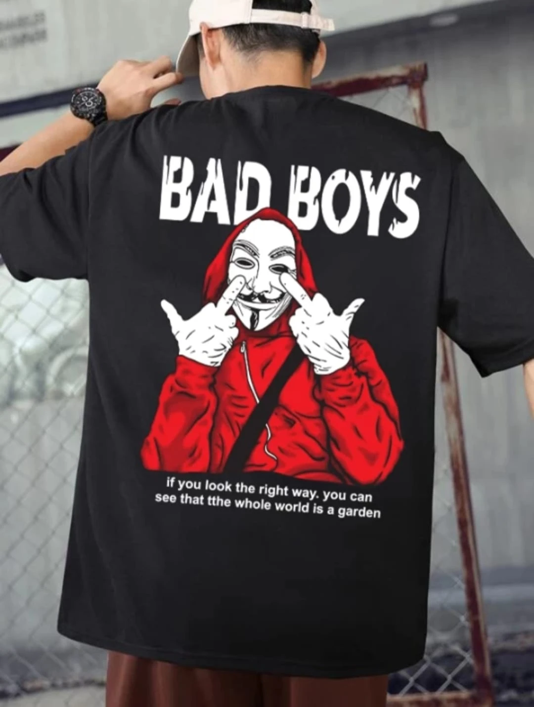 Men Black Cotton Blend Back Printed T-shirt