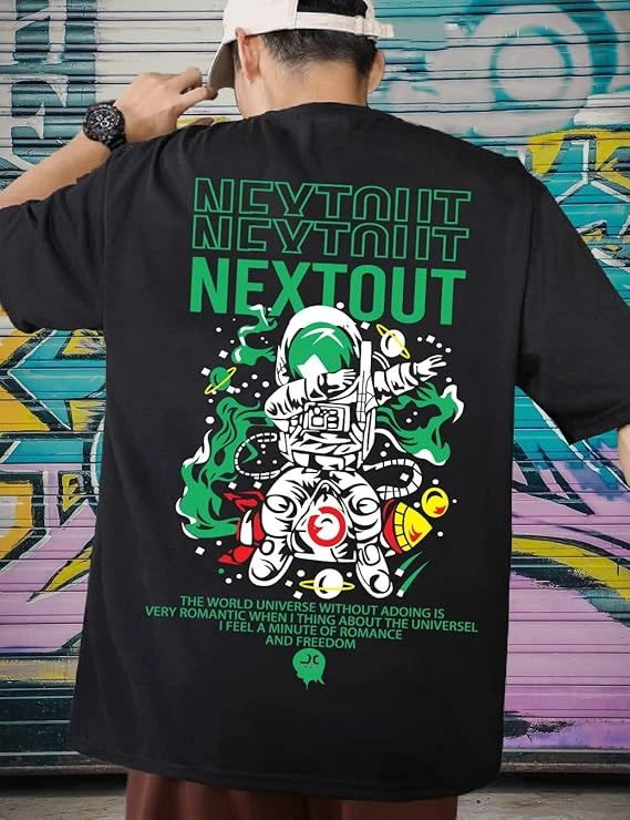 Men Black Cotton Blend Back Printed T-shirt