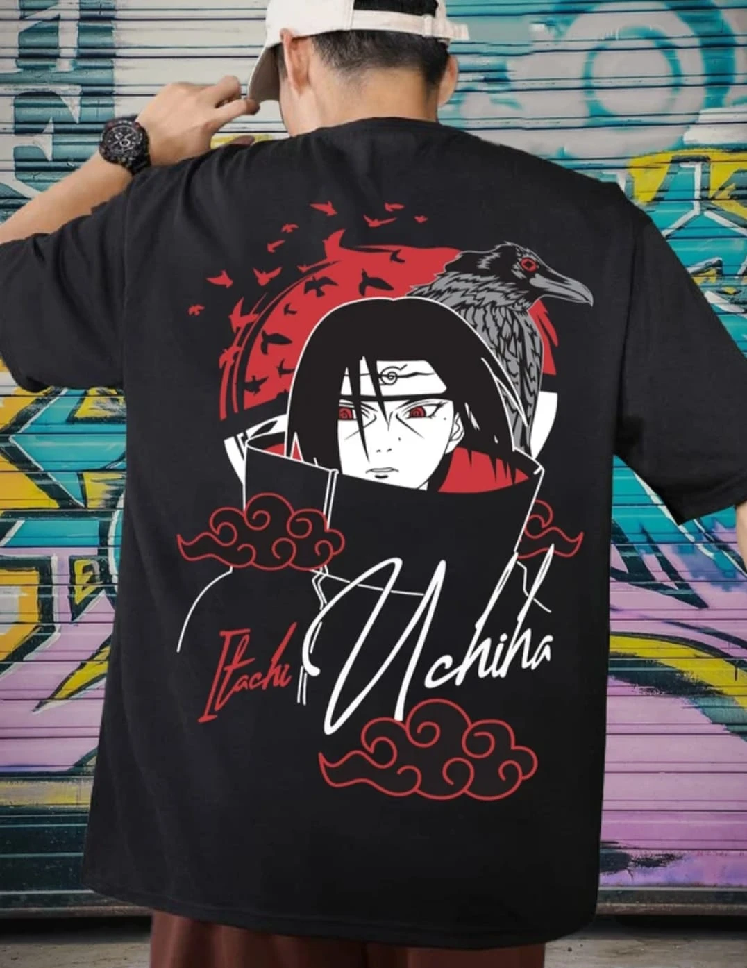 Men Black Cotton Blend Back Printed T-shirt