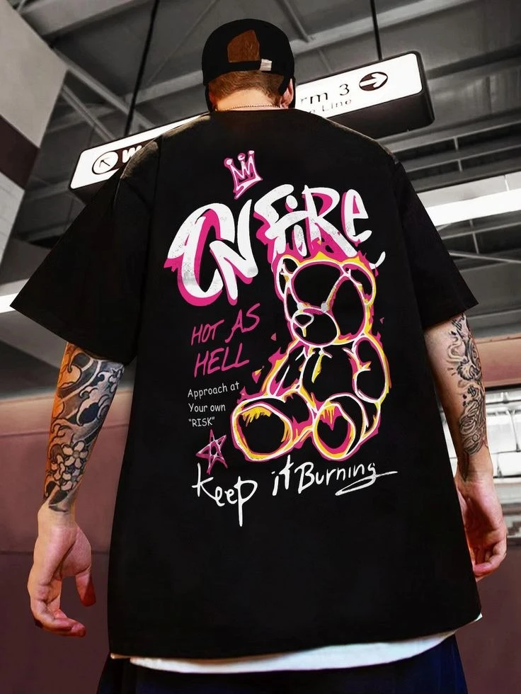 Men Black Cotton Blend Back Printed T-shirt