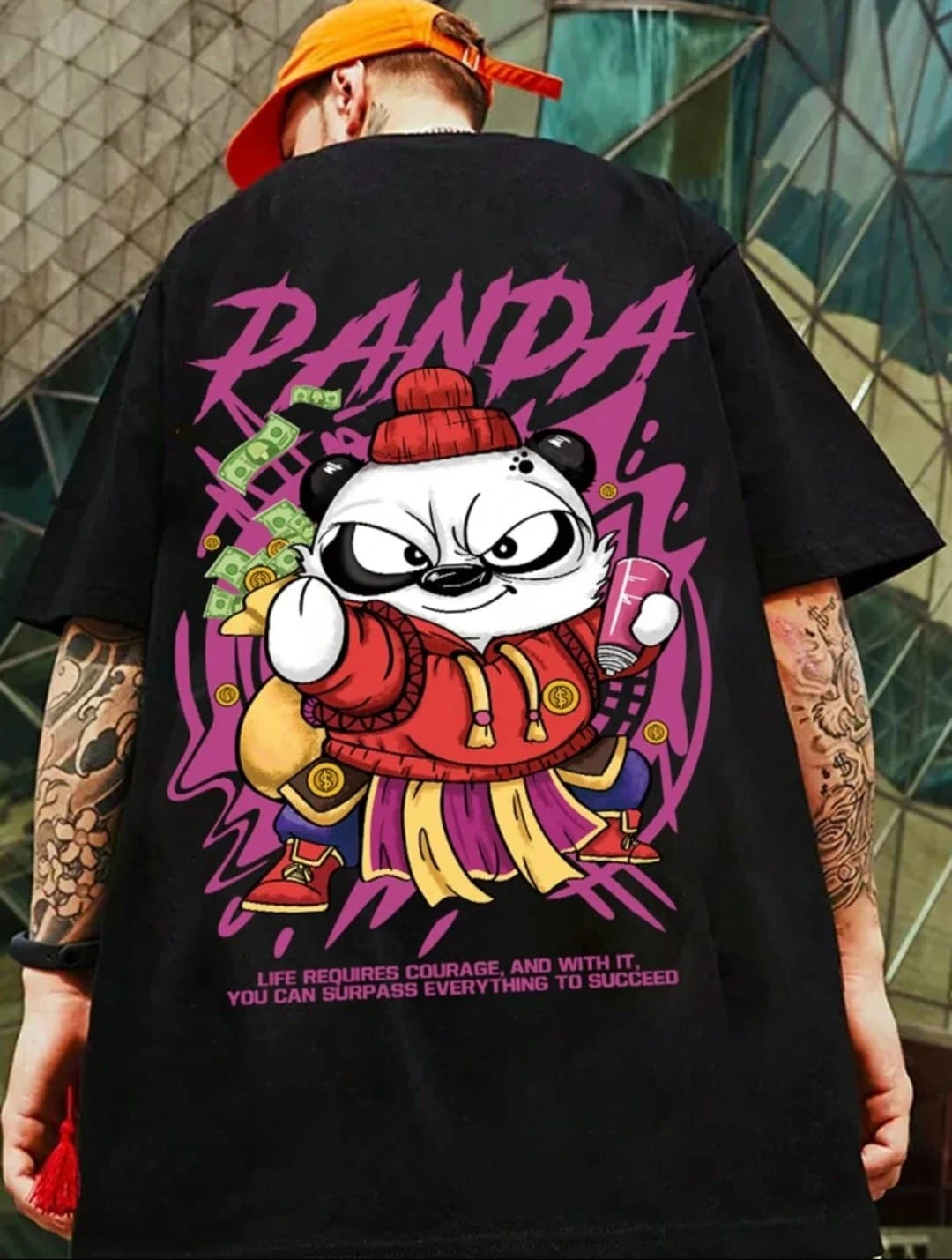 Men Black Cotton Blend Back Printed T-shirt