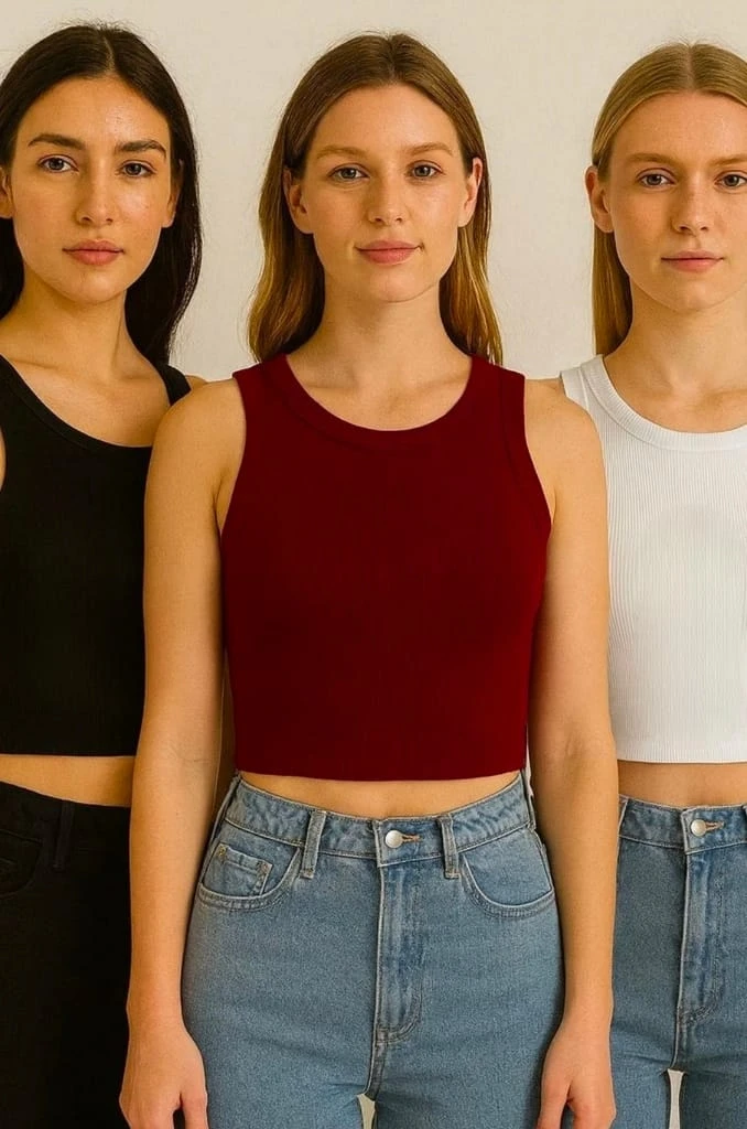 Everfab||||Women Pack Of 3 Sleeveless Round Neck Ribbed Crop Top