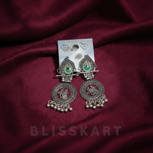 Blisskart Stylish Silver Oxidised Mor Pankh Bansuri Earrings | Religious Krishna Leela Design Jhumkas for Girls ( 1-pair )