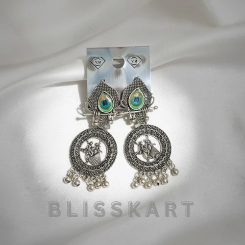 Blisskart Stylish Silver Oxidised Mor Pankh Bansuri Earrings | Religious Krishna Leela Design Jhumkas for Girls ( 1-pair )