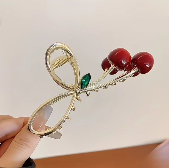Cherry Hair Claw Clip for Women & Girls | Stylish Golden Metal Hair Clutcher with Red Cherry Design | Fashion Hair Accessories