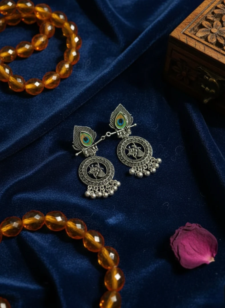 Blisskart Stylish Silver Oxidised Mor Pankh Bansuri Earrings | Religious Krishna Leela Design Jhumkas for Girls ( 1-pair )