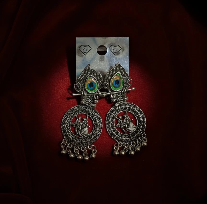 Blisskart Stylish Silver Oxidised Mor Pankh Bansuri Earrings | Religious Krishna Leela Design Jhumkas for Girls ( 1-pair )