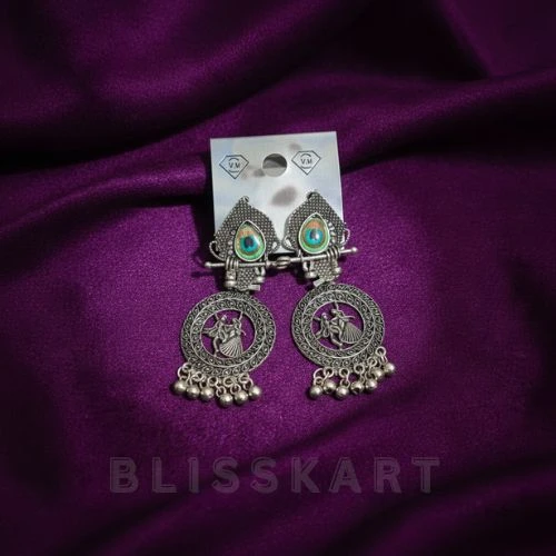 Blisskart Stylish Silver Oxidised Mor Pankh Bansuri Earrings | Religious Krishna Leela Design Jhumkas for Girls ( 1-pair )