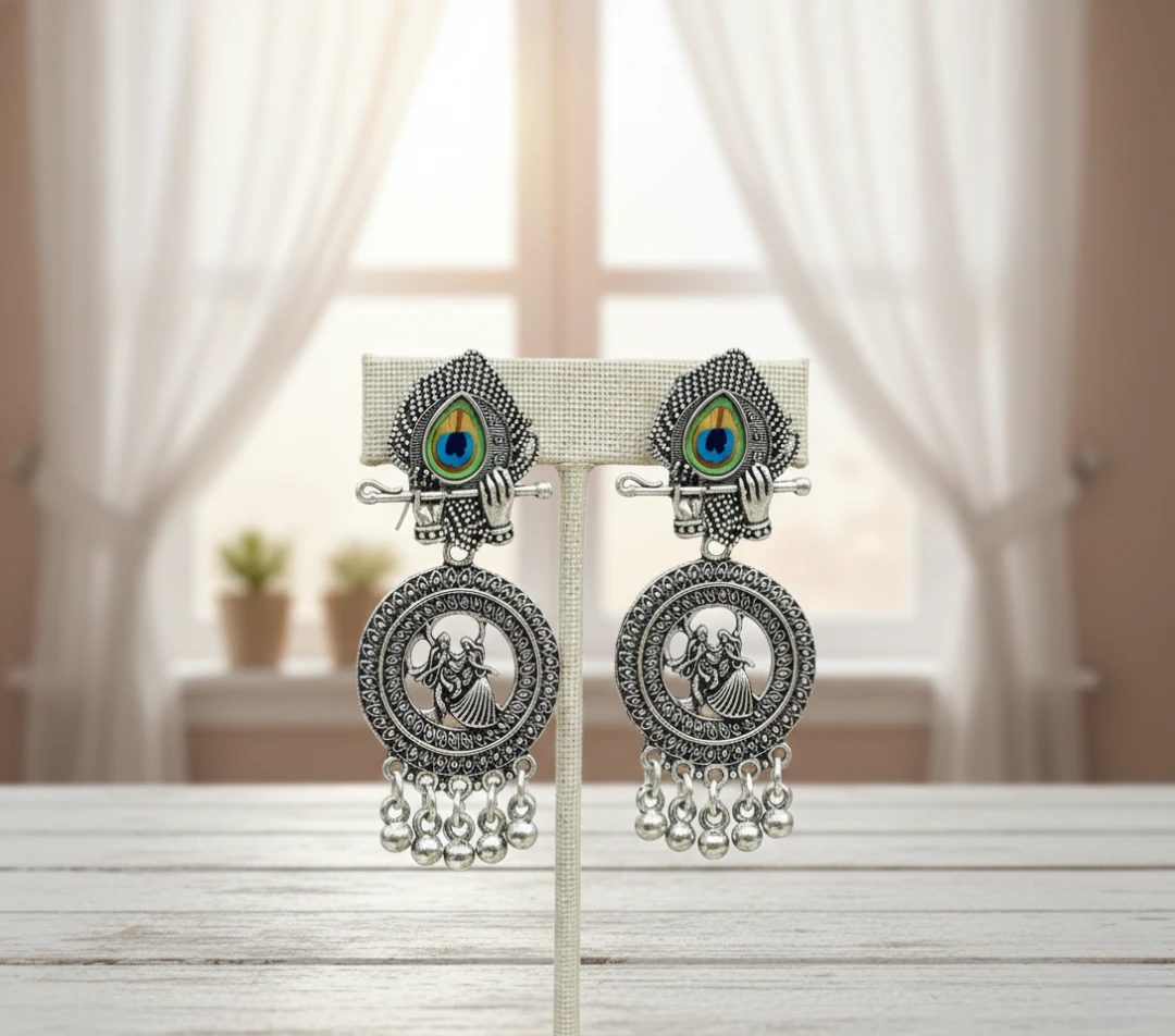 Blisskart Stylish Silver Oxidised Mor Pankh Bansuri Earrings | Religious Krishna Leela Design Jhumkas for Girls ( 1-pair )