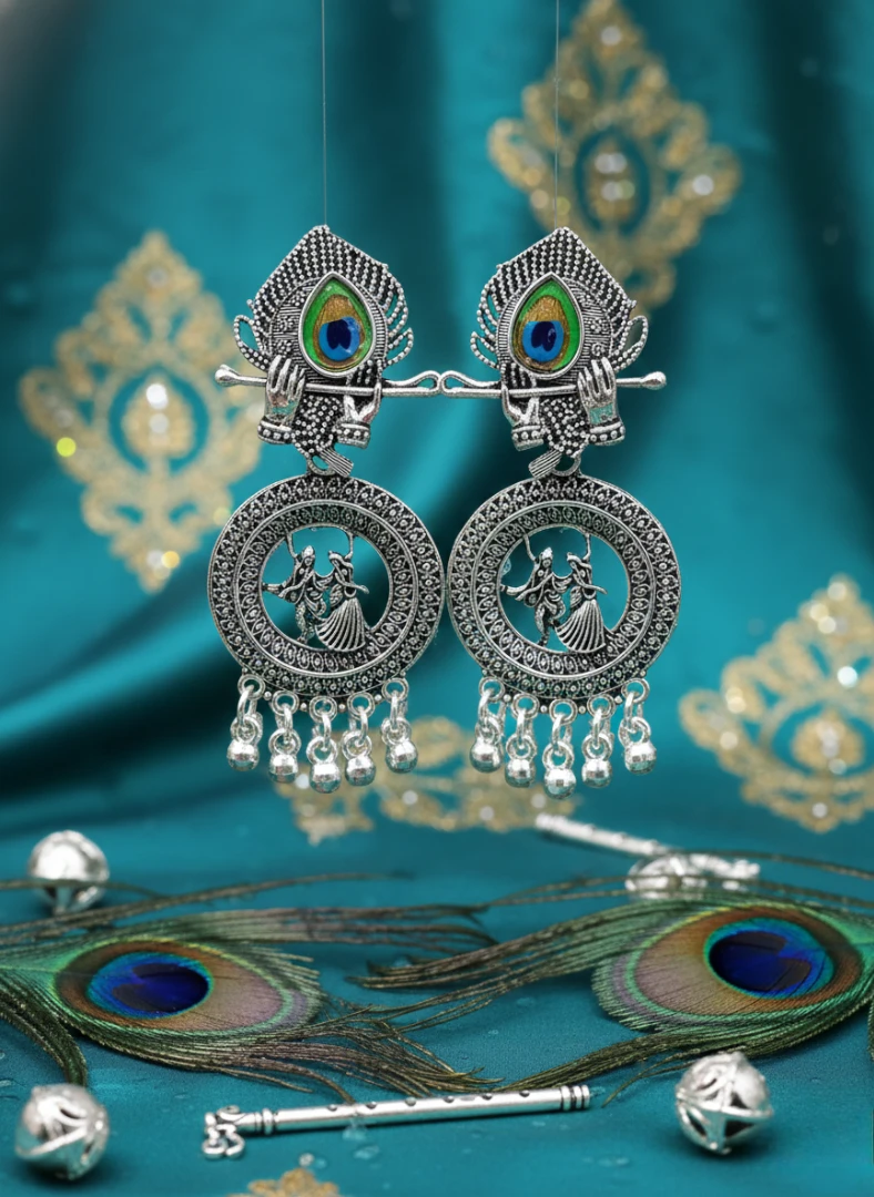 Blisskart Stylish Silver Oxidised Mor Pankh Bansuri Earrings | Religious Krishna Leela Design Jhumkas for Girls ( 1-pair )