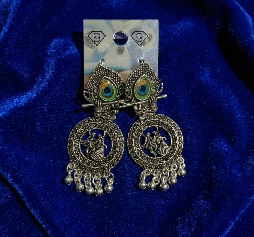 Blisskart Stylish Silver Oxidised Mor Pankh Bansuri Earrings | Religious Krishna Leela Design Jhumkas for Girls ( 1-pair )