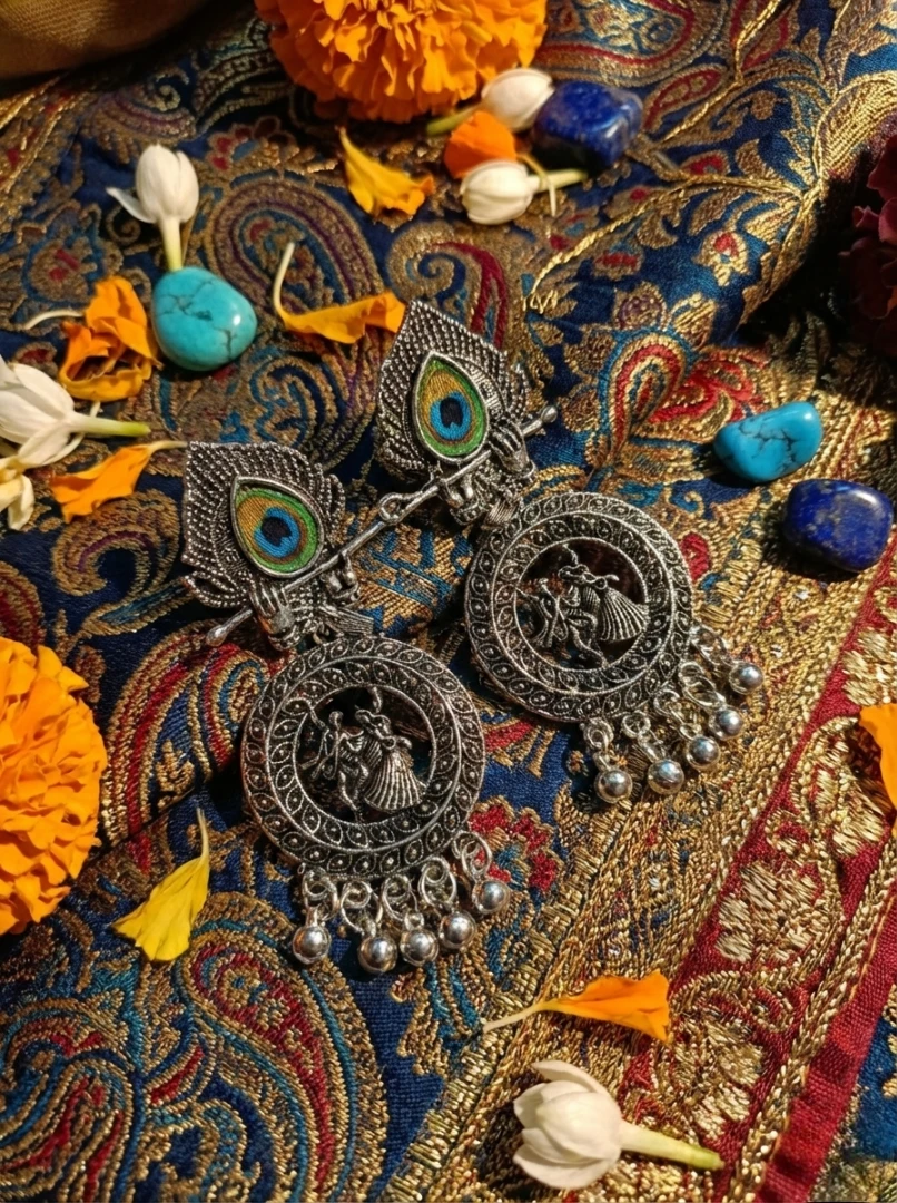 Blisskart Stylish Silver Oxidised Mor Pankh Bansuri Earrings | Religious Krishna Leela Design Jhumkas for Girls ( 1-pair )