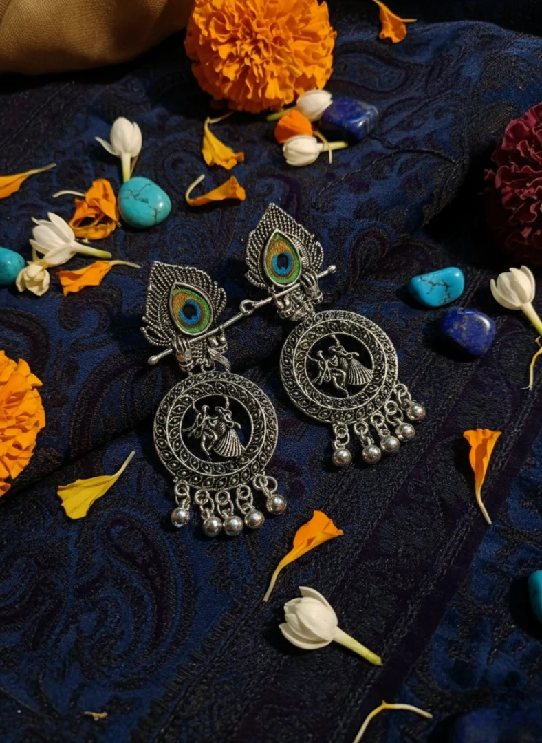 Blisskart Stylish Silver Oxidised Mor Pankh Bansuri Earrings | Religious Krishna Leela Design Jhumkas for Girls ( 1-pair )