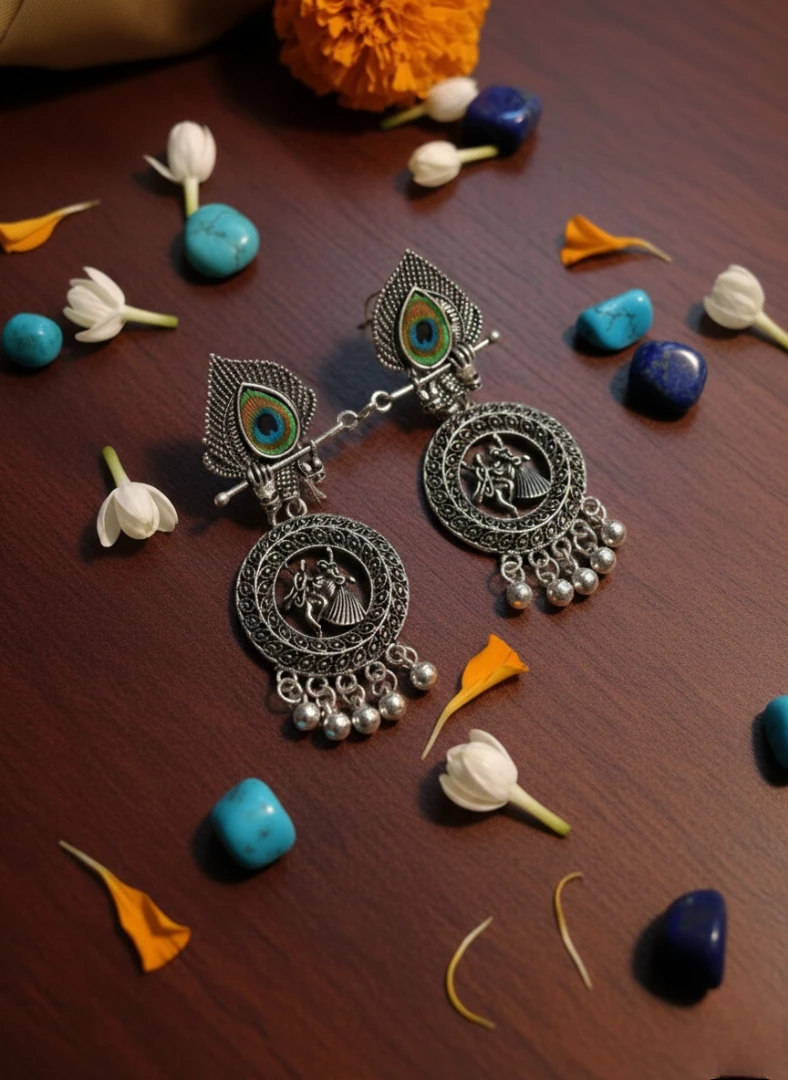 Blisskart Stylish Silver Oxidised Mor Pankh Bansuri Earrings | Religious Krishna Leela Design Jhumkas for Girls ( 1-pair )