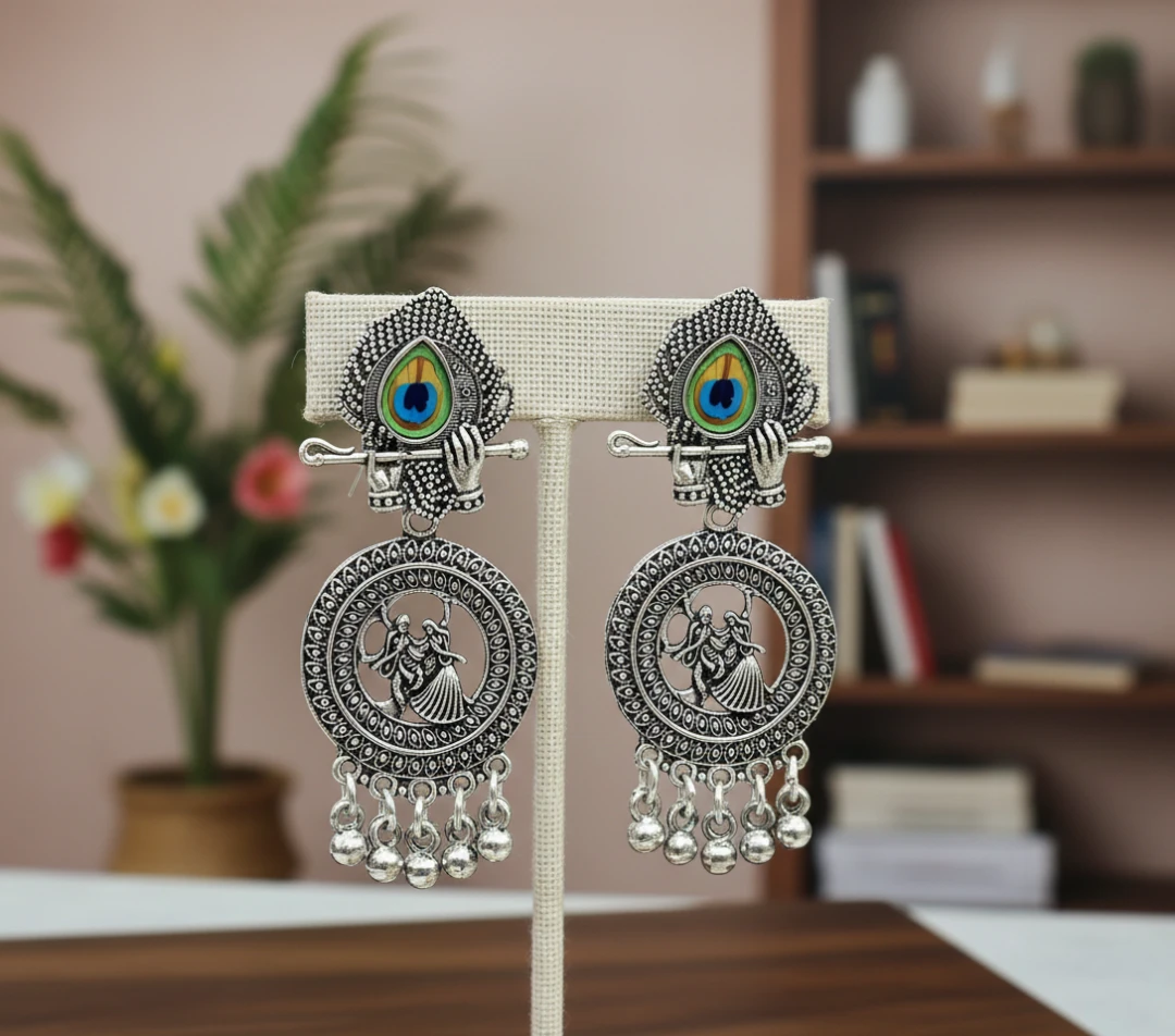 Blisskart Stylish Silver Oxidised Mor Pankh Bansuri Earrings | Religious Krishna Leela Design Jhumkas for Girls ( 1-pair )
