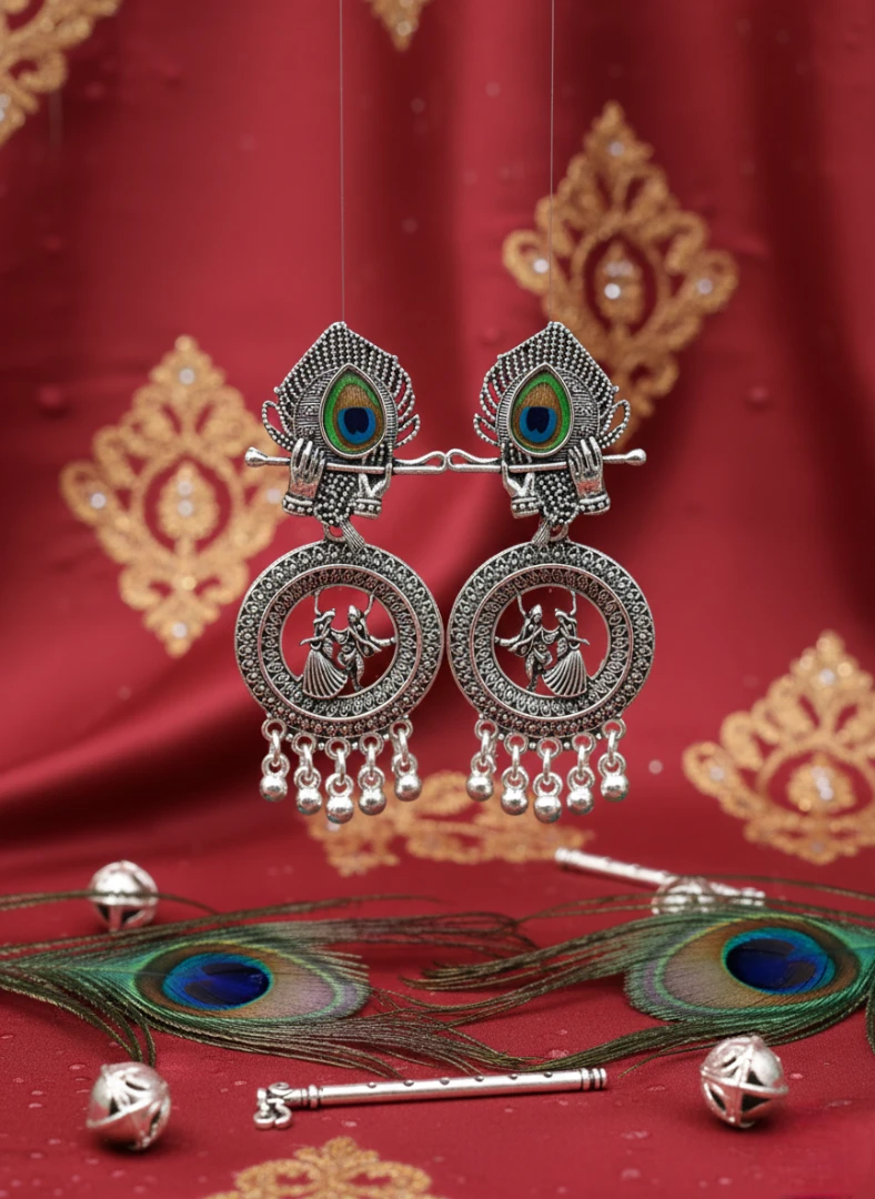 Blisskart Stylish Silver Oxidised Mor Pankh Bansuri Earrings | Religious Krishna Leela Design Jhumkas for Girls ( 1-pair )