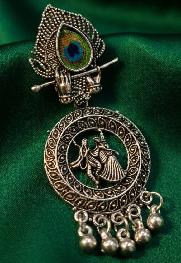 Blisskart Stylish Silver Oxidised Mor Pankh Bansuri Earrings | Religious Krishna Leela Design Jhumkas for Girls ( 1-pair )