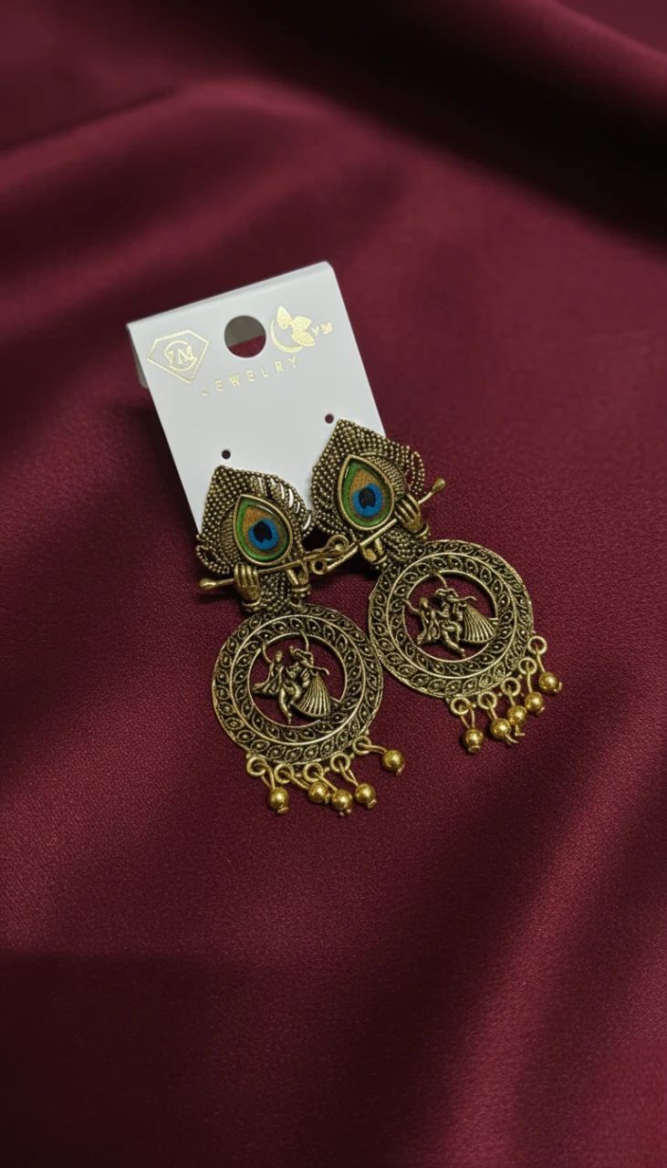 Blisskart Stylish Gold Oxidised Mor Pankh Bansuri Earrings | Religious Krishna Leela Design Jhumkas for Girls ( 1-pair )