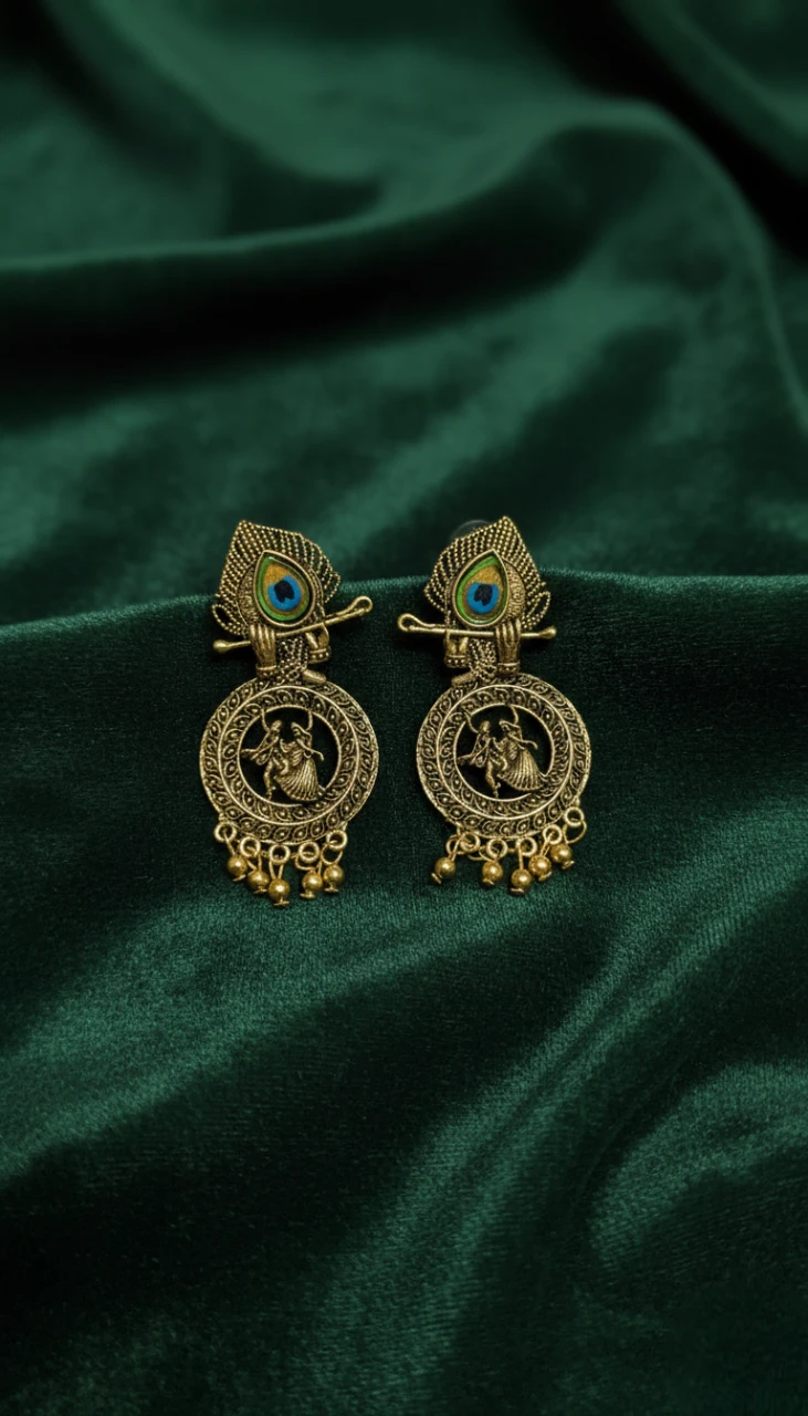 Blisskart Stylish Gold Oxidised Mor Pankh Bansuri Earrings | Religious Krishna Leela Design Jhumkas for Girls ( 1-pair )