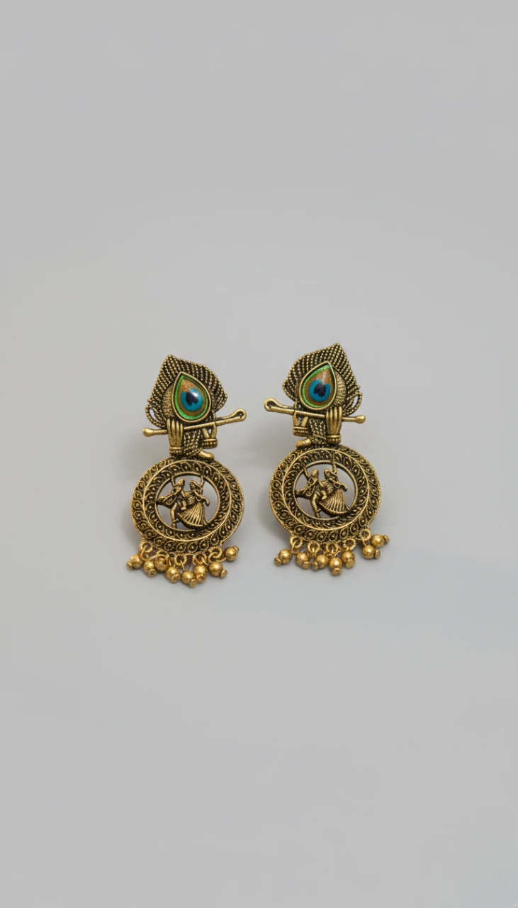 Blisskart Stylish Gold Oxidised Mor Pankh Bansuri Earrings | Religious Krishna Leela Design Jhumkas for Girls ( 1-pair )