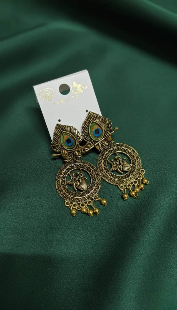 Blisskart Stylish Gold Oxidised Mor Pankh Bansuri Earrings | Religious Krishna Leela Design Jhumkas for Girls ( 1-pair )