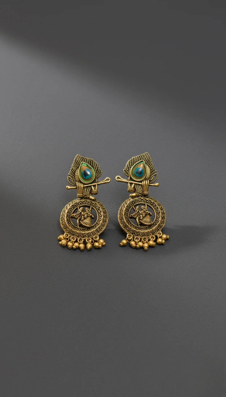 Blisskart Stylish Gold Oxidised Mor Pankh Bansuri Earrings | Religious Krishna Leela Design Jhumkas for Girls ( 1-pair )