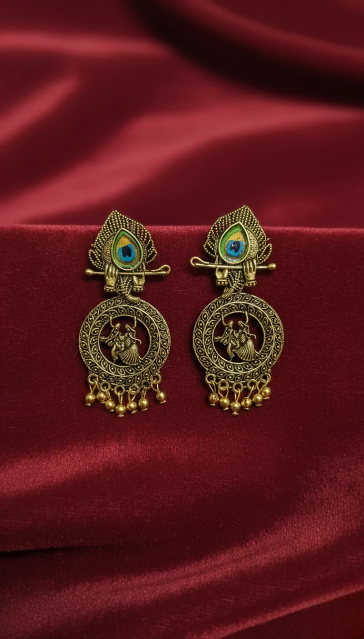 Blisskart Stylish Gold Oxidised Mor Pankh Bansuri Earrings | Religious Krishna Leela Design Jhumkas for Girls ( 1-pair )