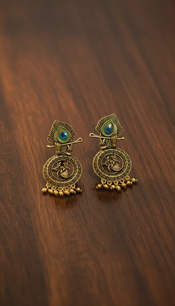 Blisskart Stylish Gold Oxidised Mor Pankh Bansuri Earrings | Religious Krishna Leela Design Jhumkas for Girls ( 1-pair )