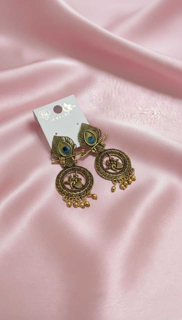 Blisskart Stylish Gold Oxidised Mor Pankh Bansuri Earrings | Religious Krishna Leela Design Jhumkas for Girls ( 1-pair )