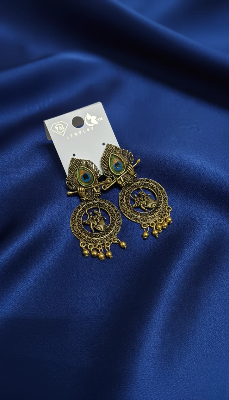 Blisskart Stylish Gold Oxidised Mor Pankh Bansuri Earrings | Religious Krishna Leela Design Jhumkas for Girls ( 1-pair )
