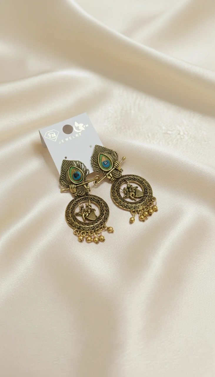 Blisskart Stylish Gold Oxidised Mor Pankh Bansuri Earrings | Religious Krishna Leela Design Jhumkas for Girls ( 1-pair )
