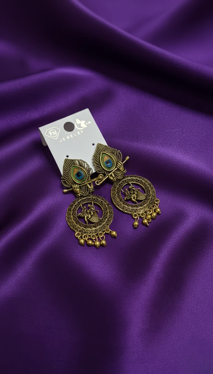 Blisskart Stylish Gold Oxidised Mor Pankh Bansuri Earrings | Religious Krishna Leela Design Jhumkas for Girls ( 1-pair )