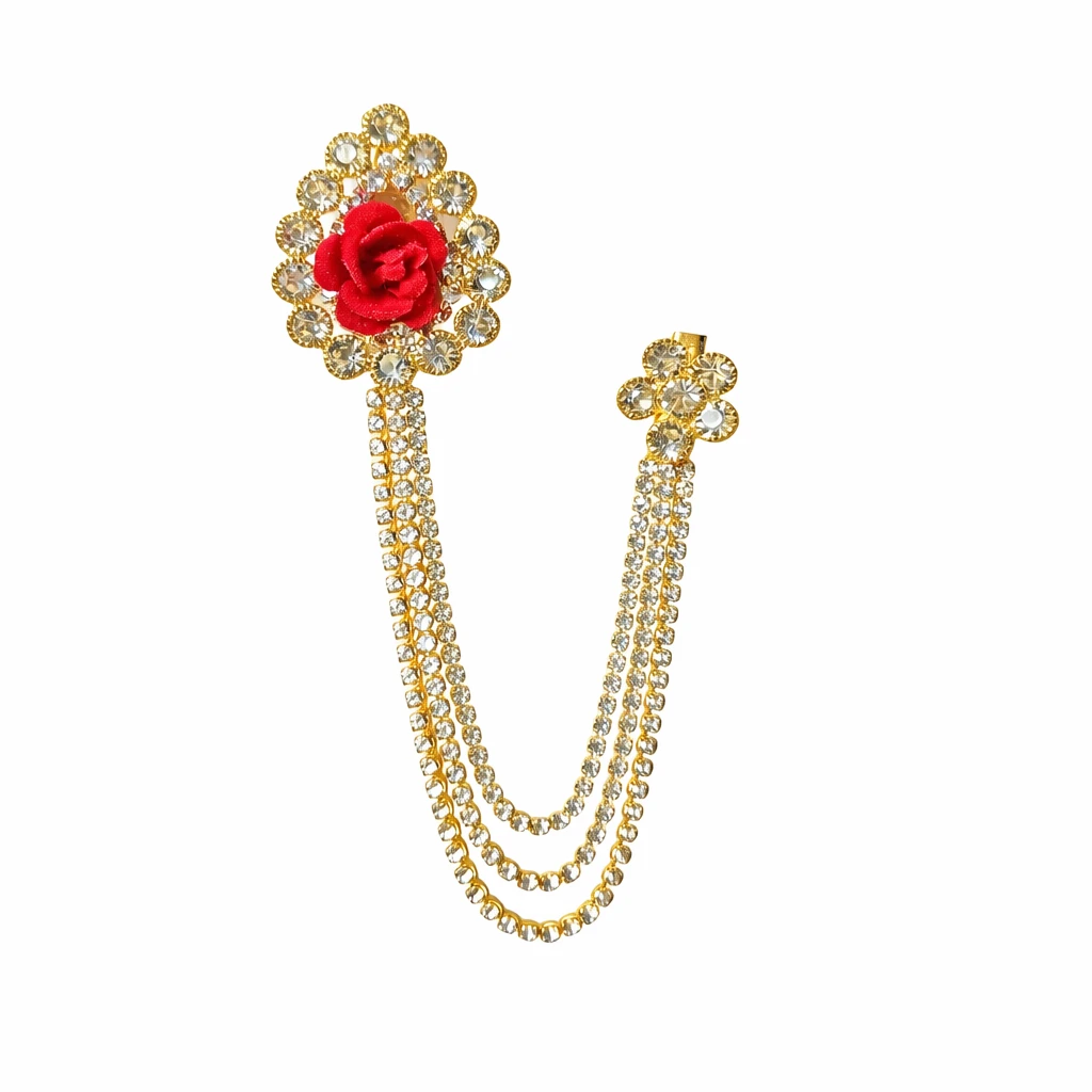 Luxury Red Rose Crystal Brooch with Dual Chain Tassel – Gold Plated Floral Lapel Pin for Men & Women | Wedding, Sherwani, Blazer & Suit Brooch