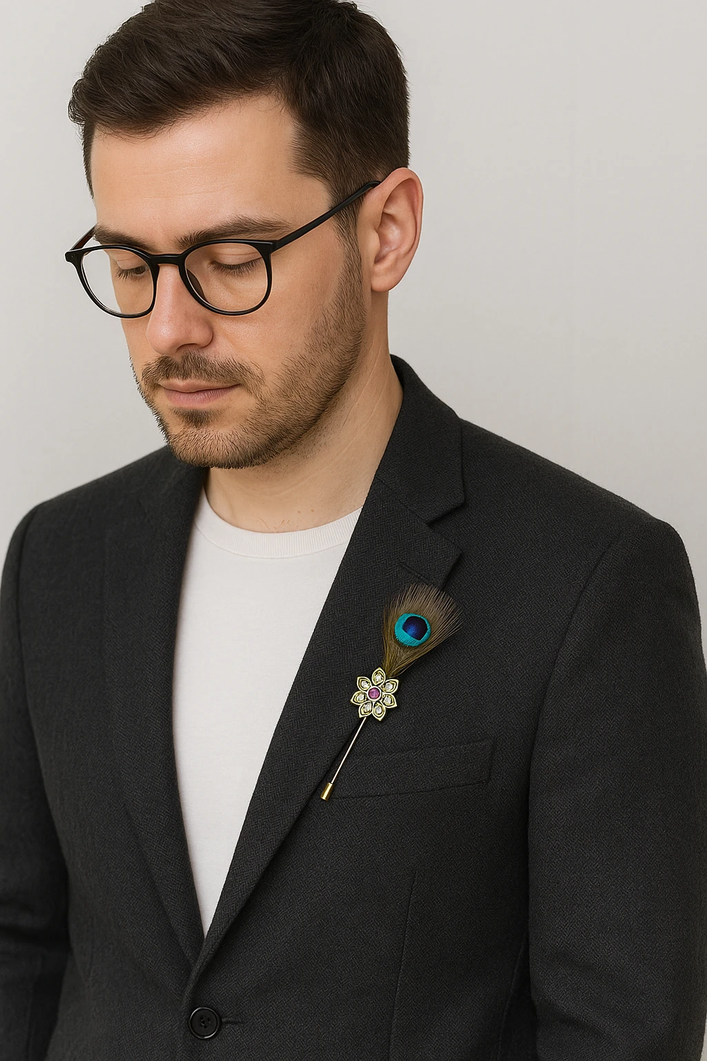 Elegant Peacock Feather Krishna Brooch Pin – Gold Plated Floral Lapel Pin with Crystal Stones | Traditional Sherwani, Suit & Blazer Brooch for Men