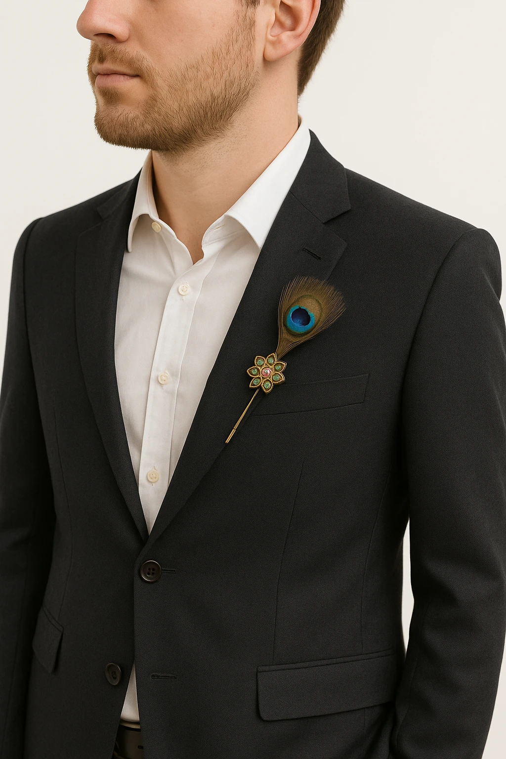 Krishna Peacock Feather Brooch Pin Combo (Pack of 3) – Gold Plated Floral Lapel Pin with Crystal Stones | Sherwani, Suit & Blazer Brooch for Men Wedding Accessories