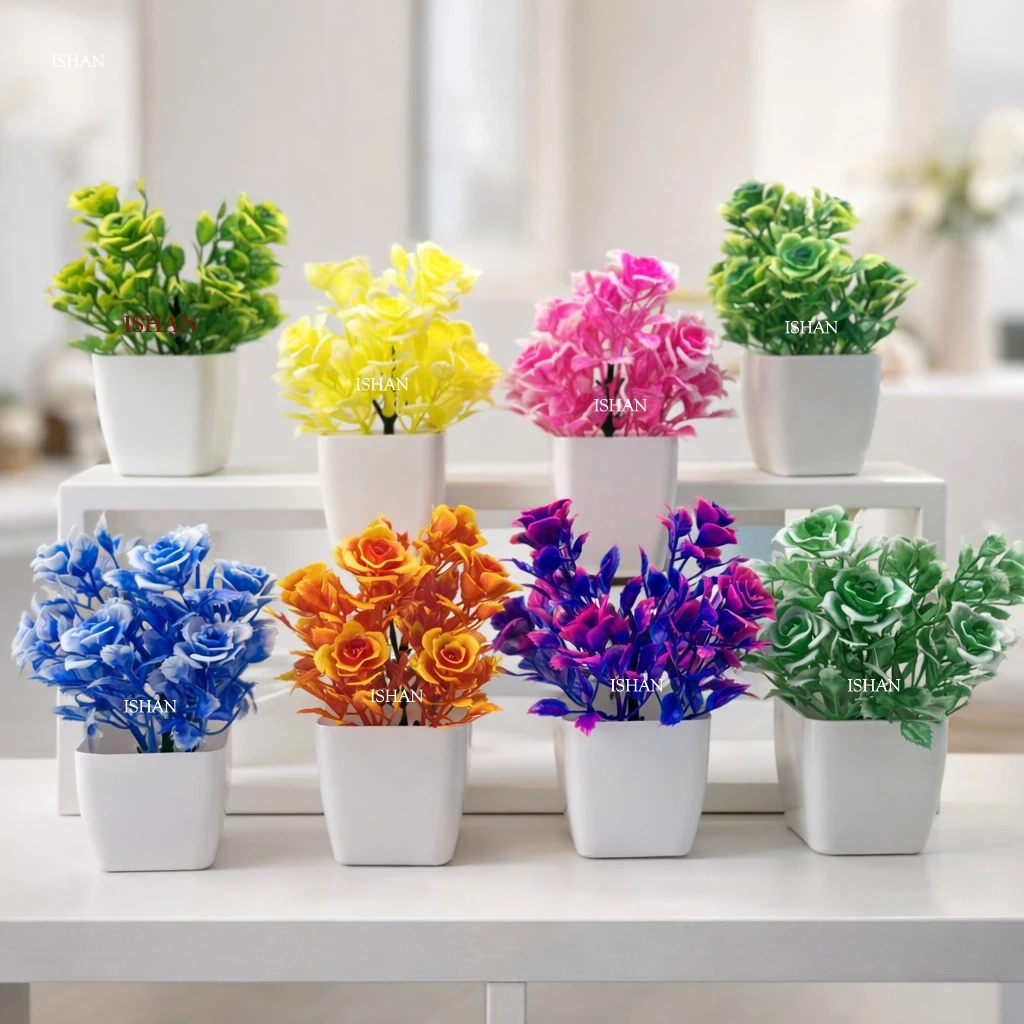 Ishan Decor Artificial Rose Flower Pot Set | Colorful Decorative Plants for Home & Office Decor