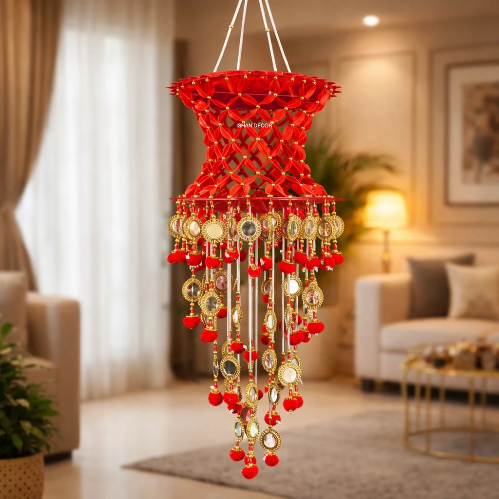 Ishan Decor Handmade Red Beads & Mirror Hanging Decor | Festive Wall & Ceiling Hanging for Diwali, Living Room, Mandir & Home Décor