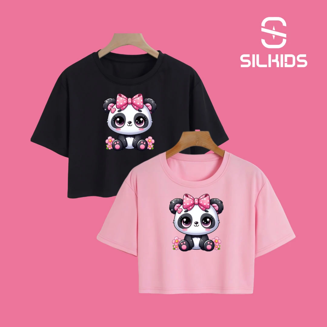 Girls Cotton Blend Printed Round Neck Panda Crop Top