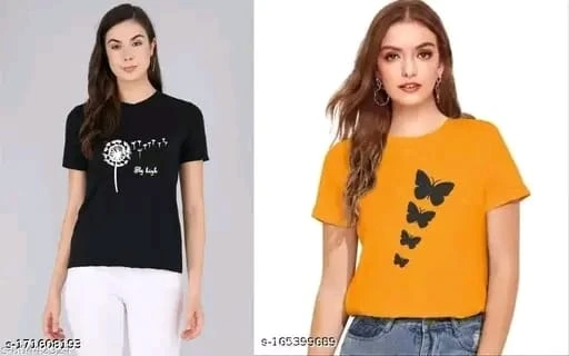 Women's Casual Cotton Printed T-Shirt Combo | Trendy Butterfly & Dandelion Print Round Neck Half Sleeve Tees for Girls