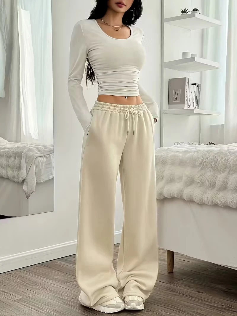 Winter Women's Pants Fashion Elastic High Waisted Long Leg Trousers __Beige