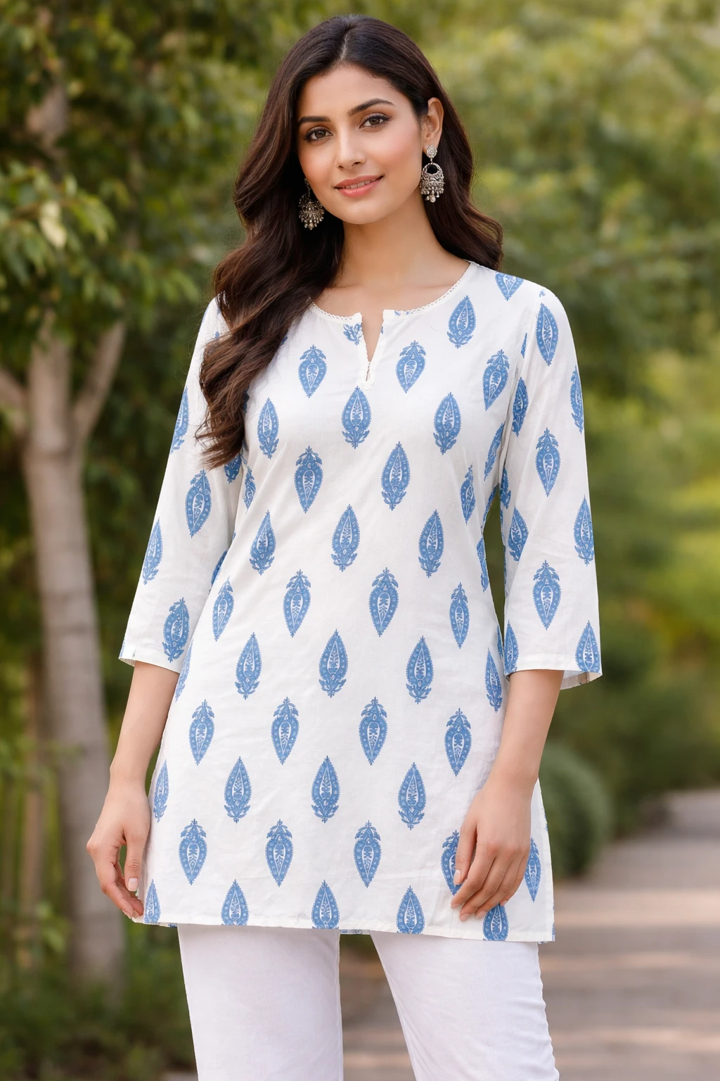 Women Cotton Printed Short Kurti (White & Blue)