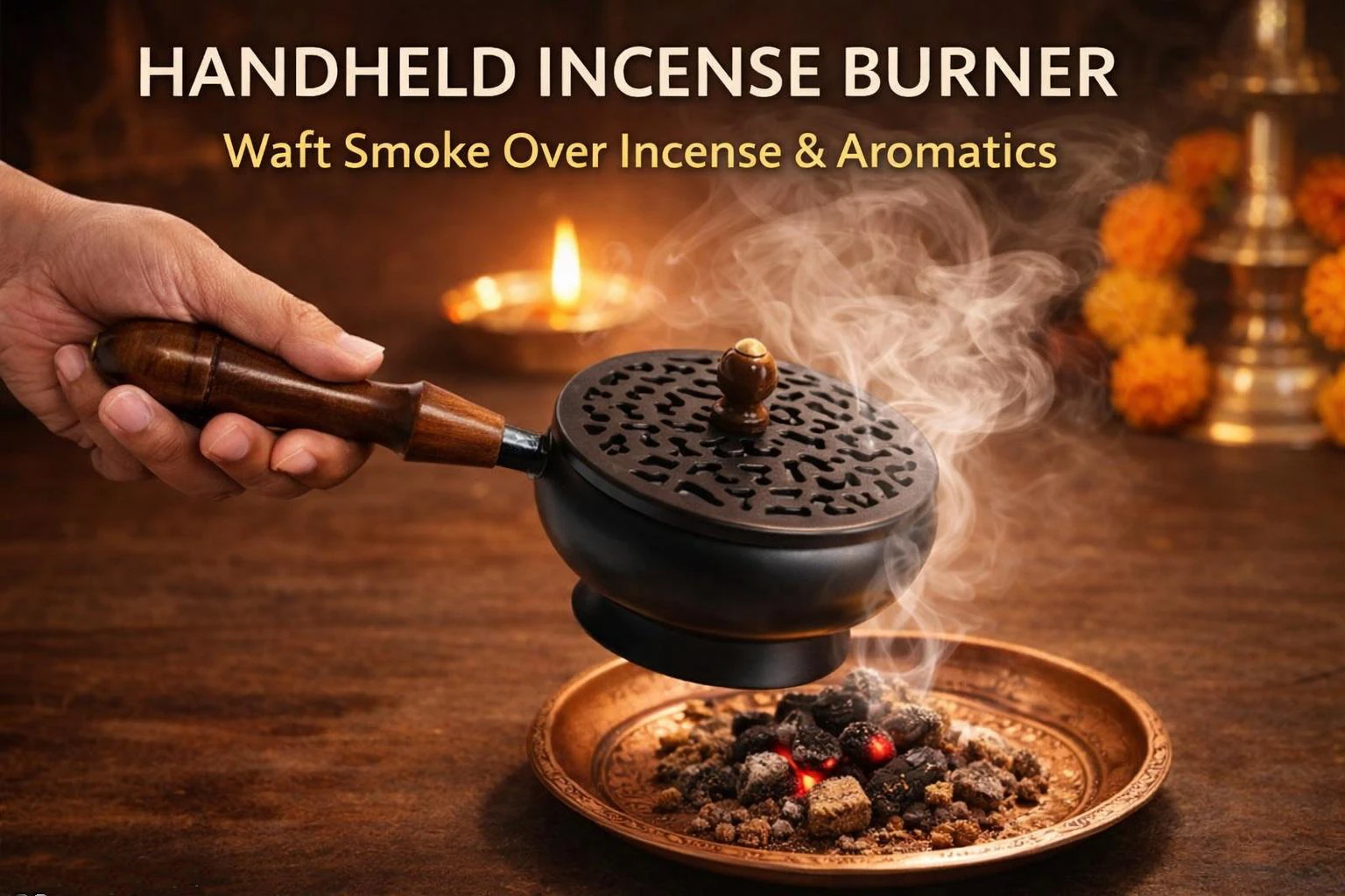 Heaven Decor Incense Burner, Loban Burner with Wooden Handle, Dhoop Dhuni Burner Sambrani Dhoop Burner for Home Office Temple Prayer Butler