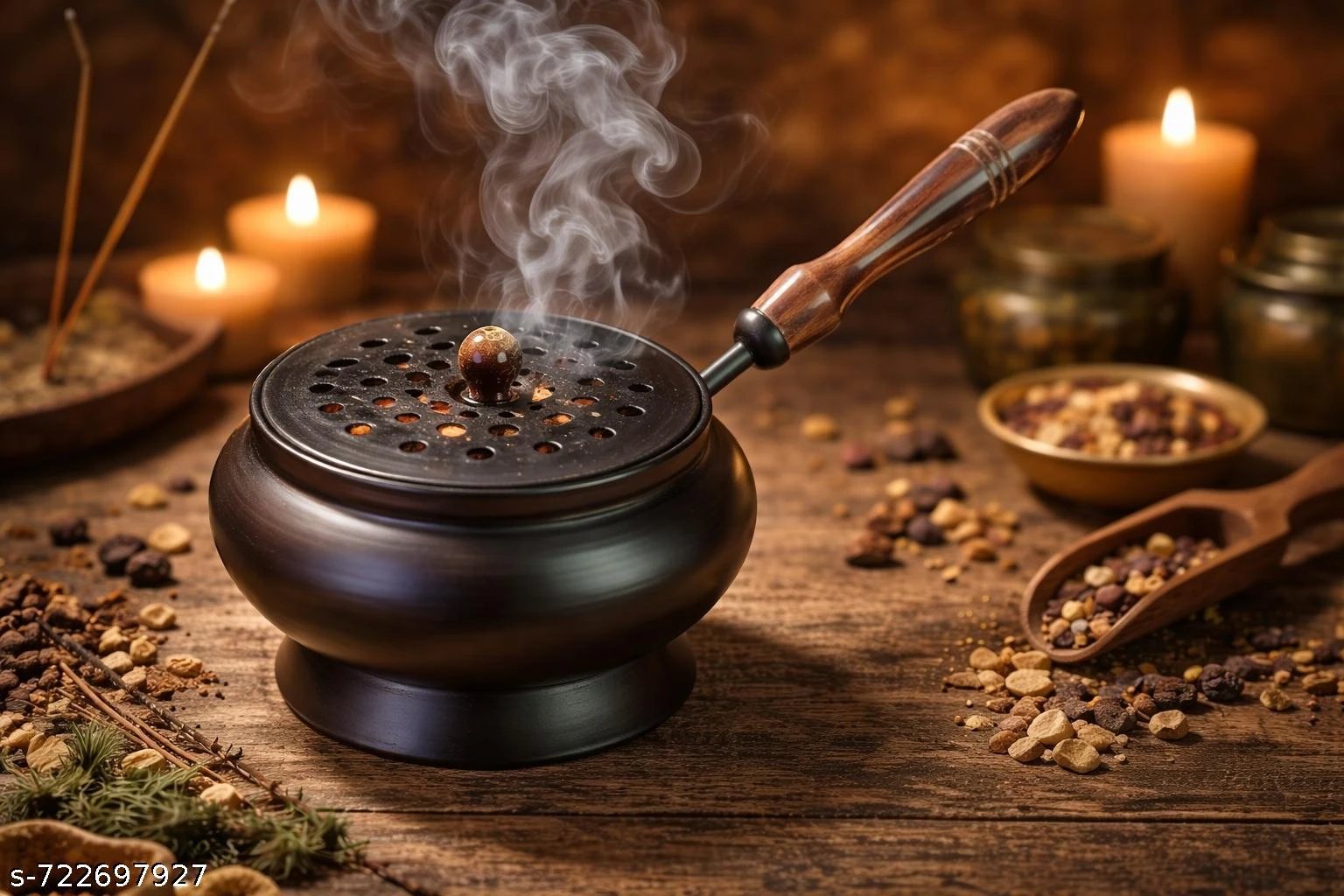 Heaven Decor Incense Burner, Loban Burner with Wooden Handle, Dhoop Dhuni Burner Sambrani Dhoop Burner for Home Office Temple Prayer Butler