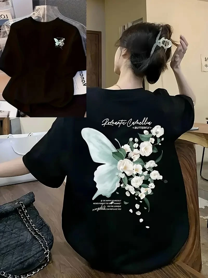 Women Black Back Printed T-shirt