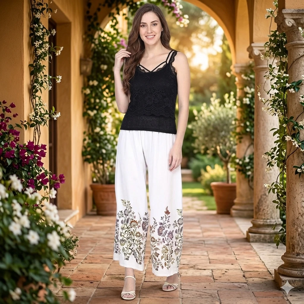 SUTEKI Floral Printed White Palazzo